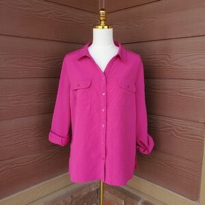 Notations Pink Button Down Blouse Roll Tab Sleeves Women's Size Large NWOT